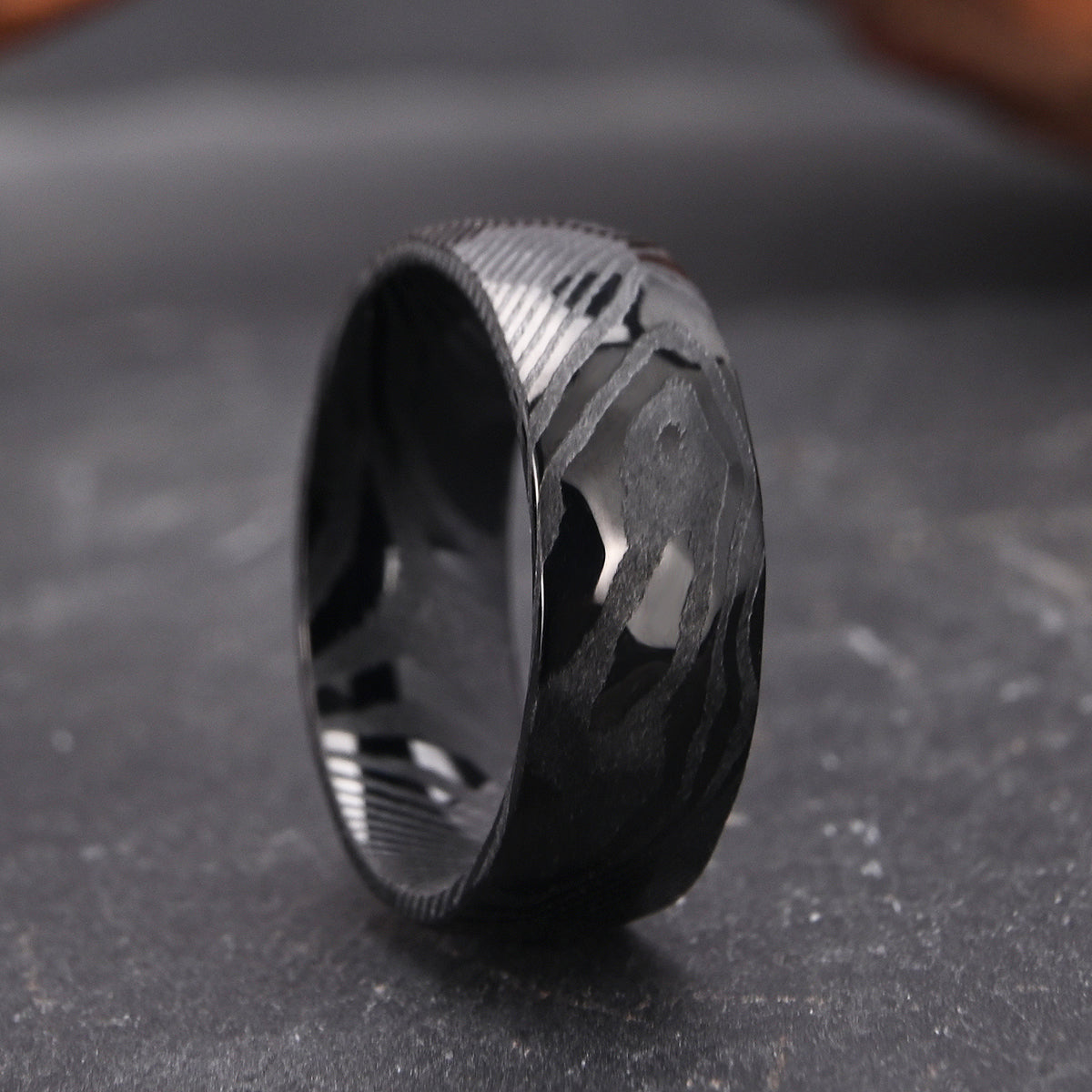 Ring Black Damascus Steel, Hammered Ring 8mm, Mens Wedding Band, Wedding Promise Rings, Engagement Rings for Men, Anniversary Ring-4