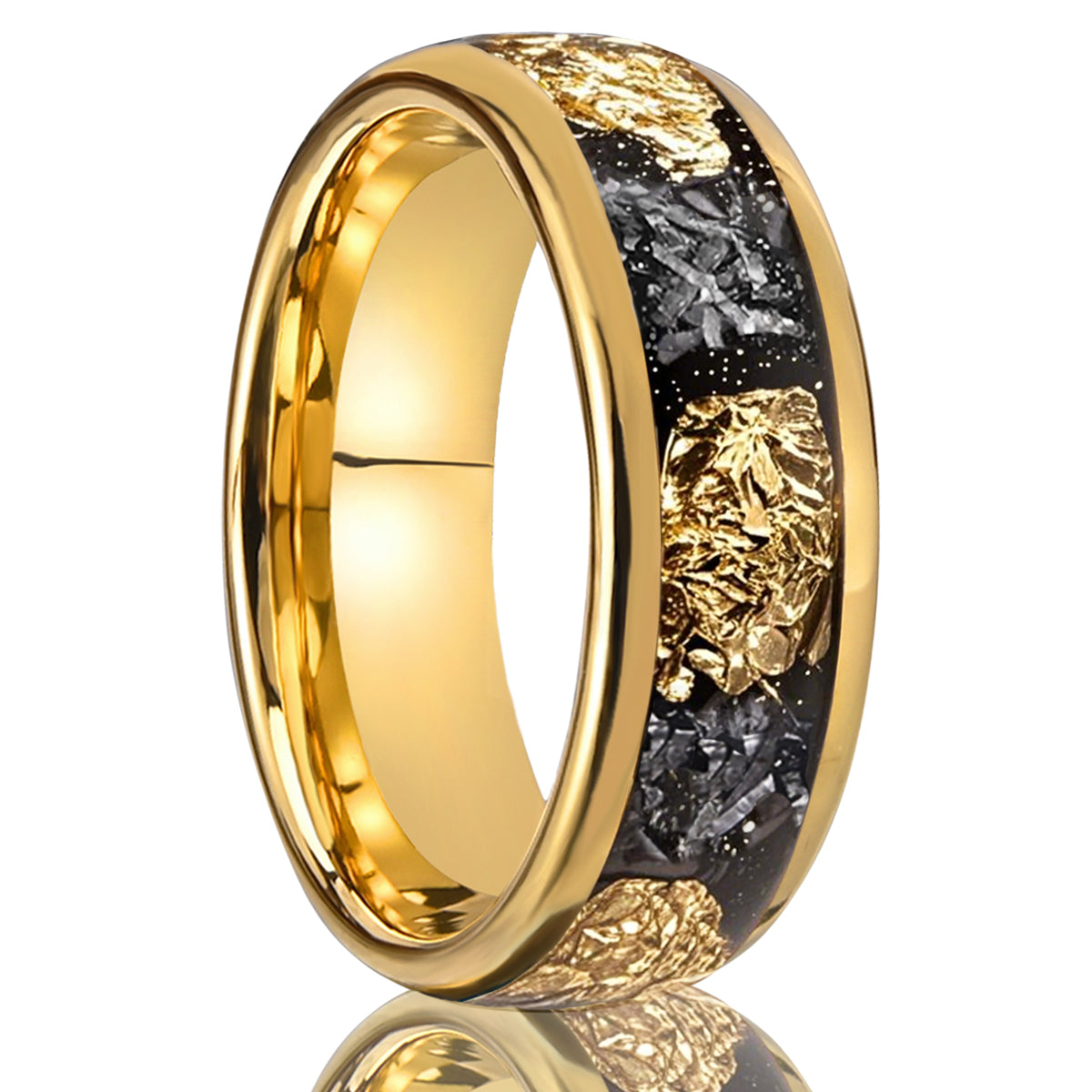 Meteorite Gold Leaf Flakes Wedding Band, Crushed Meteorite & Gold Ring, Mens Wedding Band, Tungsten Ring, Mens Ring, Promise Ring-zoom-1
