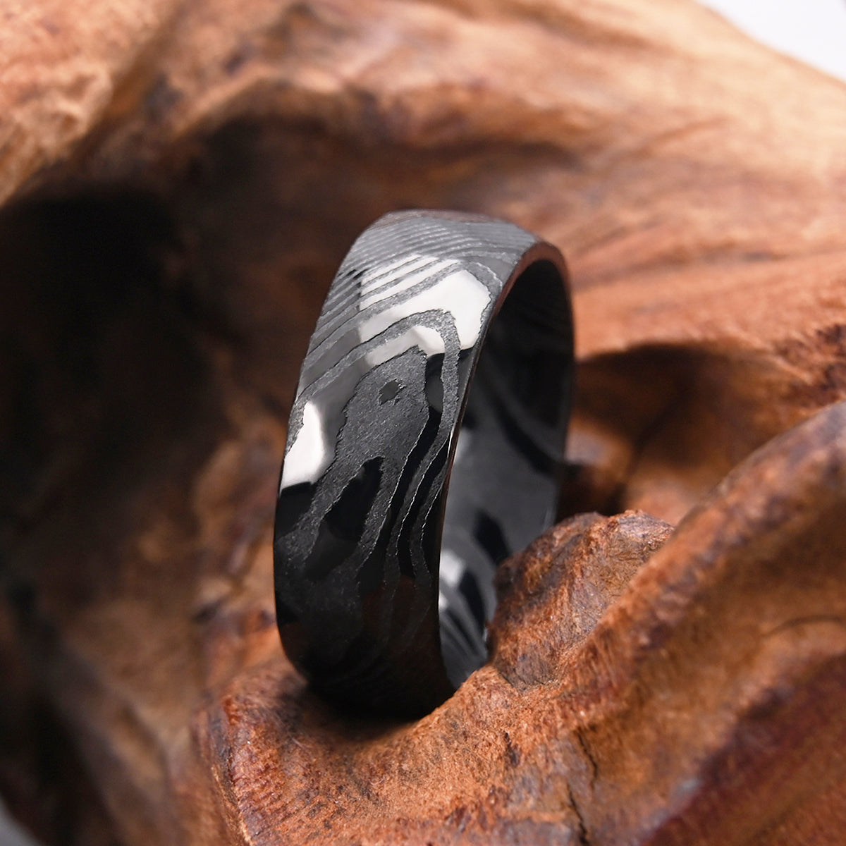 Ring Black Damascus Steel, Hammered Ring 8mm, Mens Wedding Band, Wedding Promise Rings, Engagement Rings for Men, Anniversary Ring-5