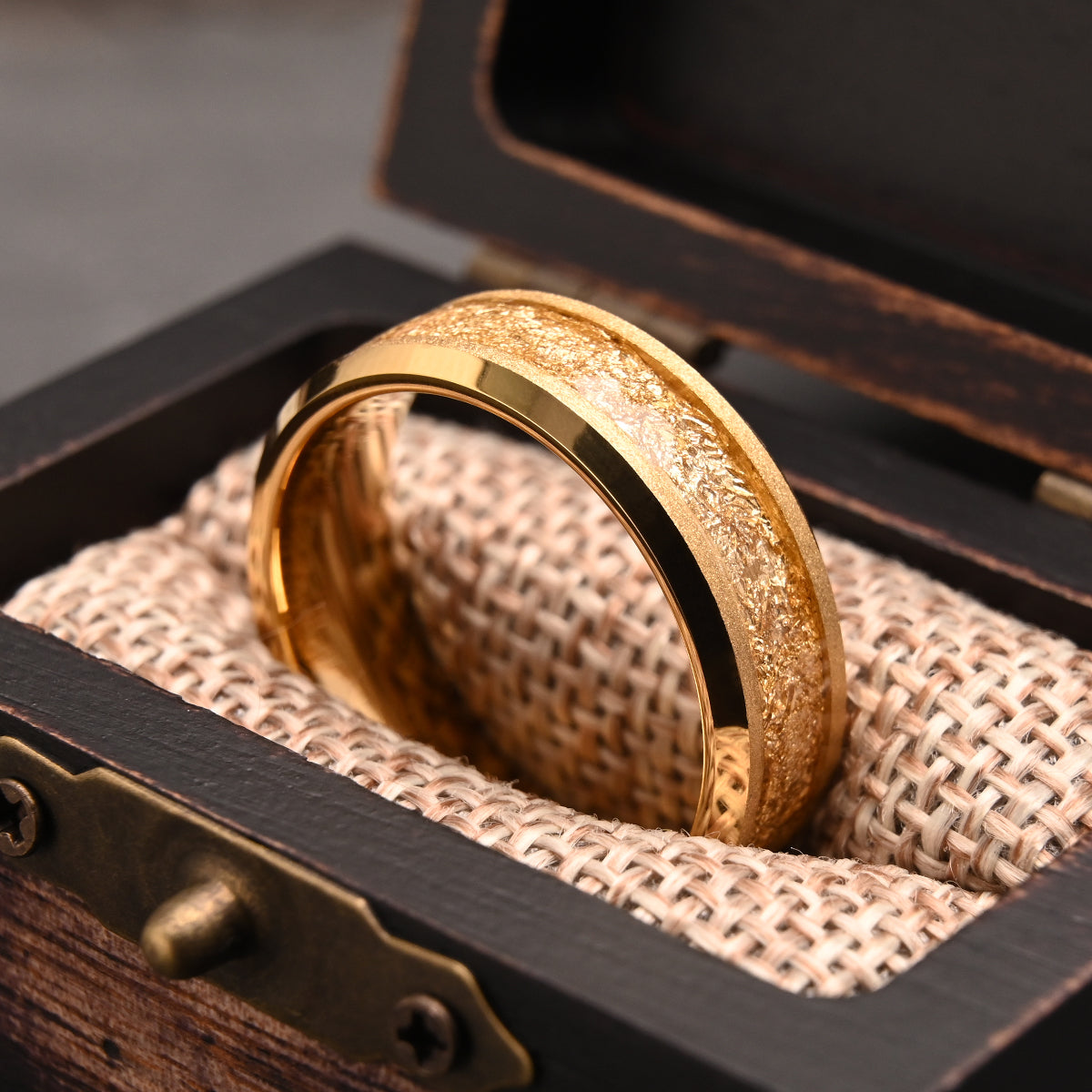 Gold Men's Wedding Band, Unique Tungsten Ring, Yellow Gold Ring with Gold Foil Inlay, Mens Ring, Mens Wedding Band, Wedding Ring, Mens Band-zoom-5
