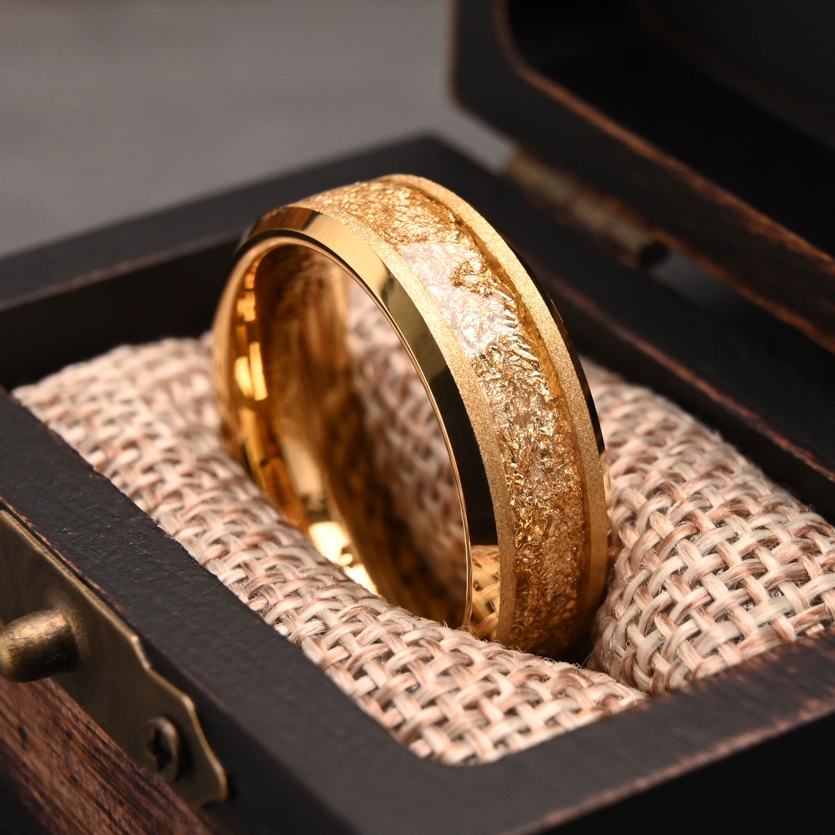 Gold Men's Wedding Band, Unique Tungsten Ring, Yellow Gold Ring with Gold Foil Inlay, Mens Ring, Mens Wedding Band, Wedding Ring, Mens Band-zoom-3