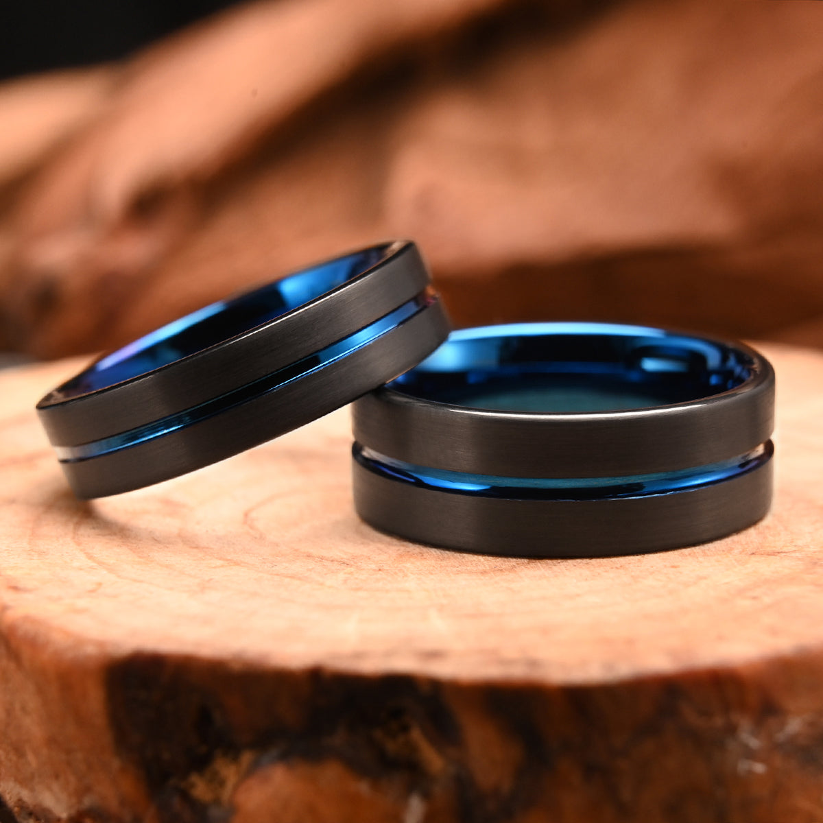 Black & Blue Tungsten Carbide Ring (4mm/6mm/8mm) – Brushed Men’s Wedding Band, Comfort Fit Promise Ring-zoom-5