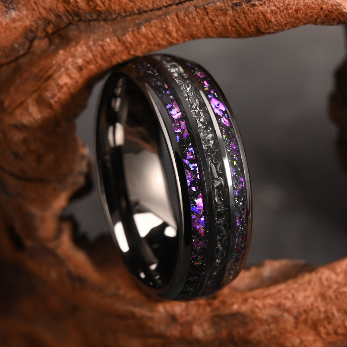 8MM Black Tungsten Carbide Ring Inlaid With Meteorite Amethyst Men's Wedding Bands, Engagement & Wedding Ring, Promise Rings-3