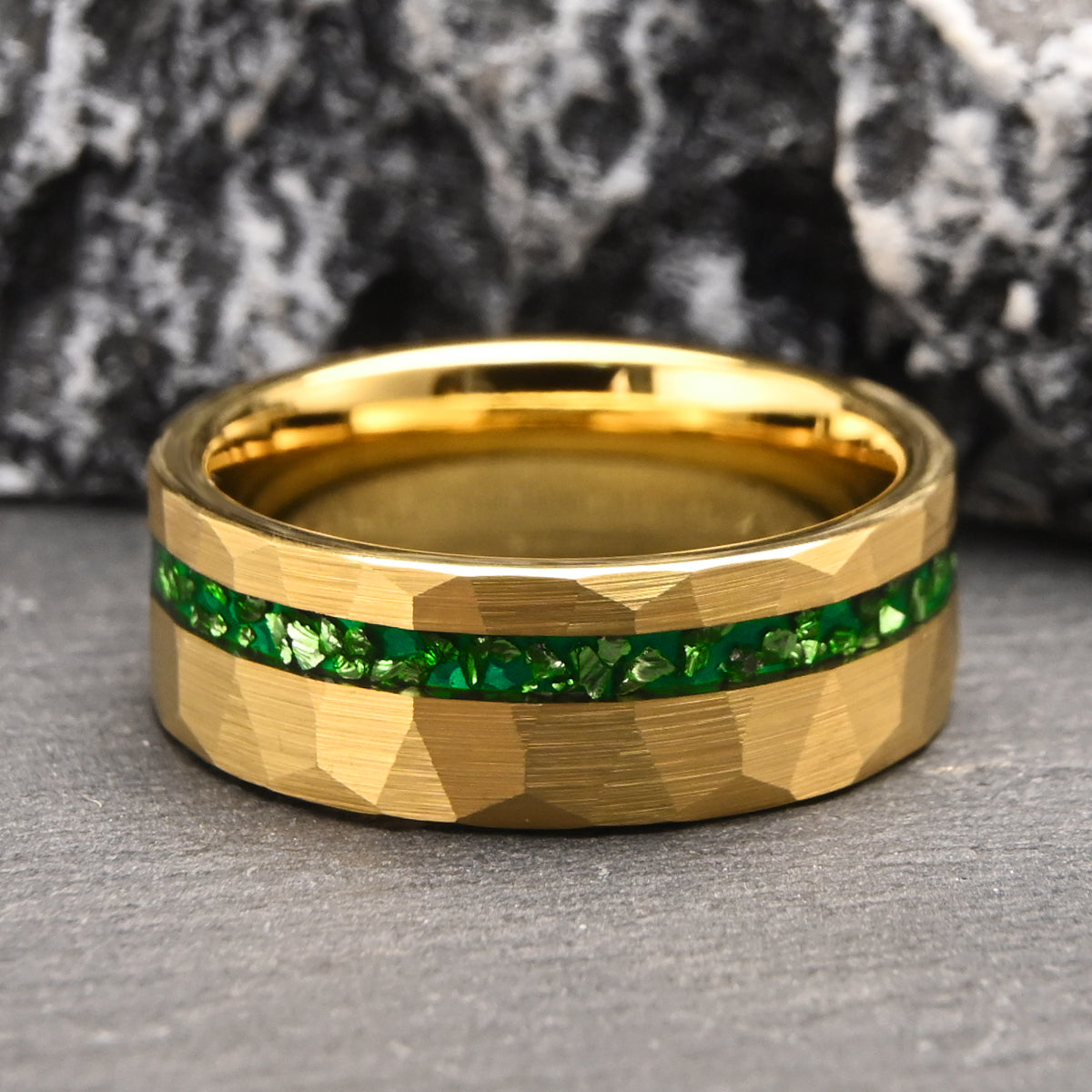 8mm Gold Color Tungsten Carbide Ring, Men's Wedding Bands, Set With Green Crystal, Engagement & Wedding Ring, Promise Rings, Crystal Ring-zoom-3
