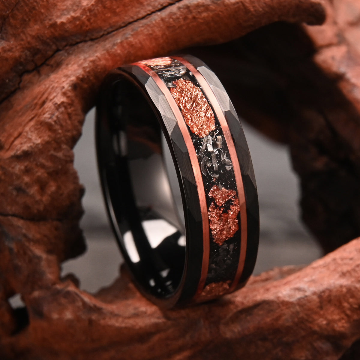 8MM Black Tungsten Carbide Ring Men's Wedding Bands Inlaid With Meteorite  Rose Gold Foil Men's Ring Engagement & Wedding Rings-3