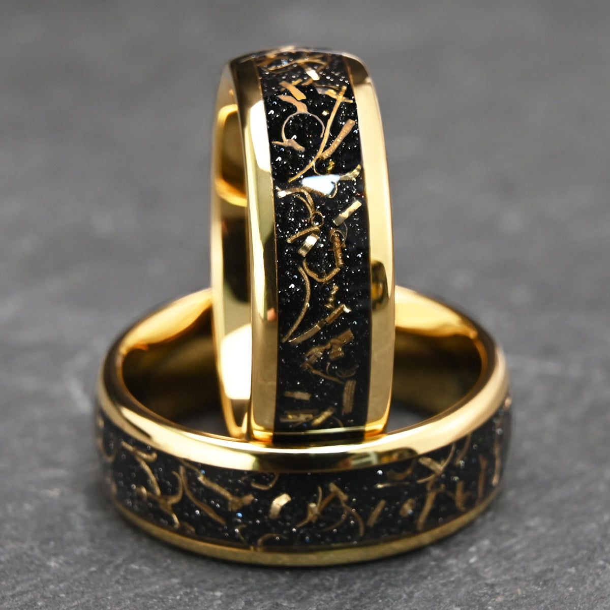 Golden tungsten carbide ring, men's wedding rings, wedding bands, set with gold wire, plated with 18K gold.-zoom-2