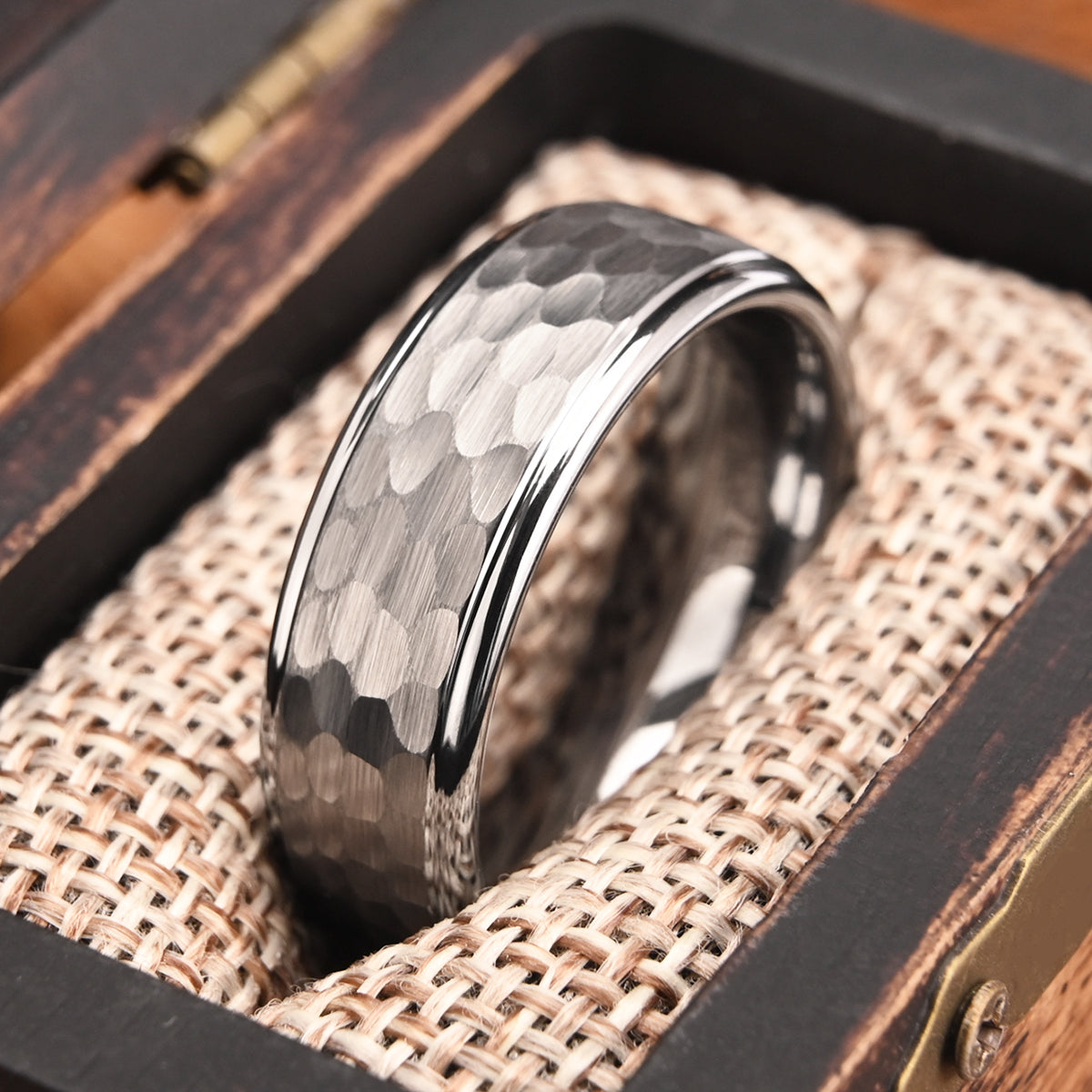 8mm Silver Color Tungsten Carbide Ring, Men's Wedding Bands, Hand-Hammered, Engagement & Wedding Ring, Promise Ring, Hammered Ring-zoom-3