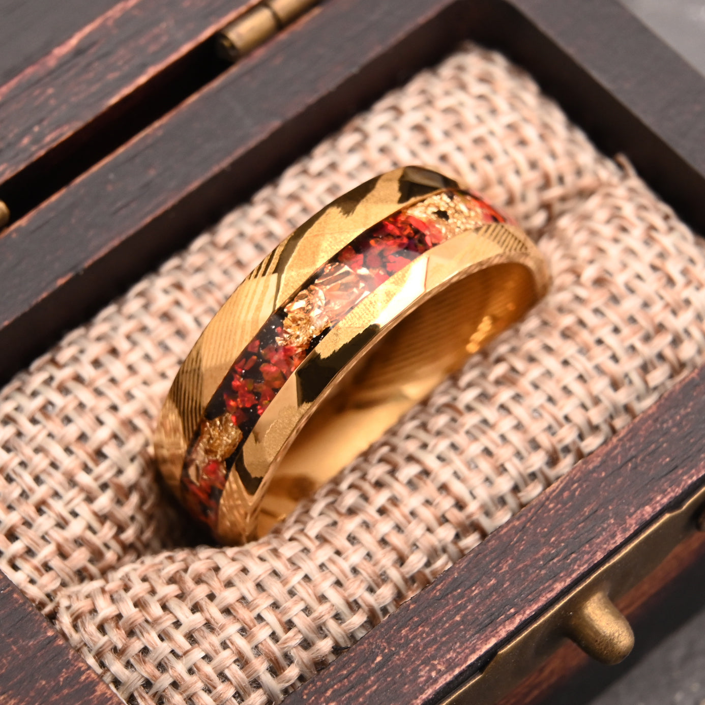 Yellow Damascus Steel Mens Ring: Opal & Gold Flakes Wedding Bands-4