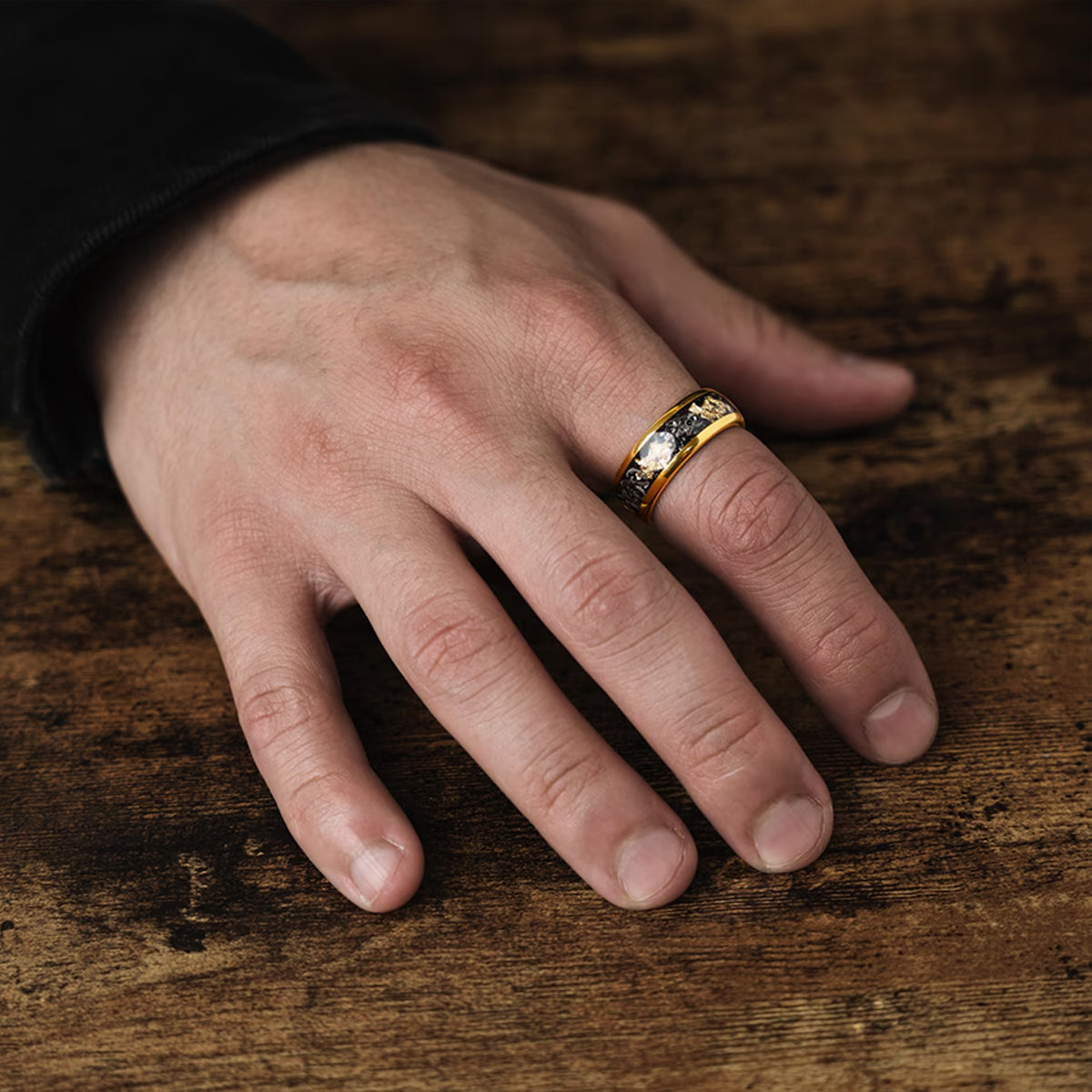 Meteorite Gold Leaf Flakes Wedding Band, Crushed Meteorite & Gold Ring, Mens Wedding Band, Tungsten Ring, Mens Ring, Promise Ring-zoom-5