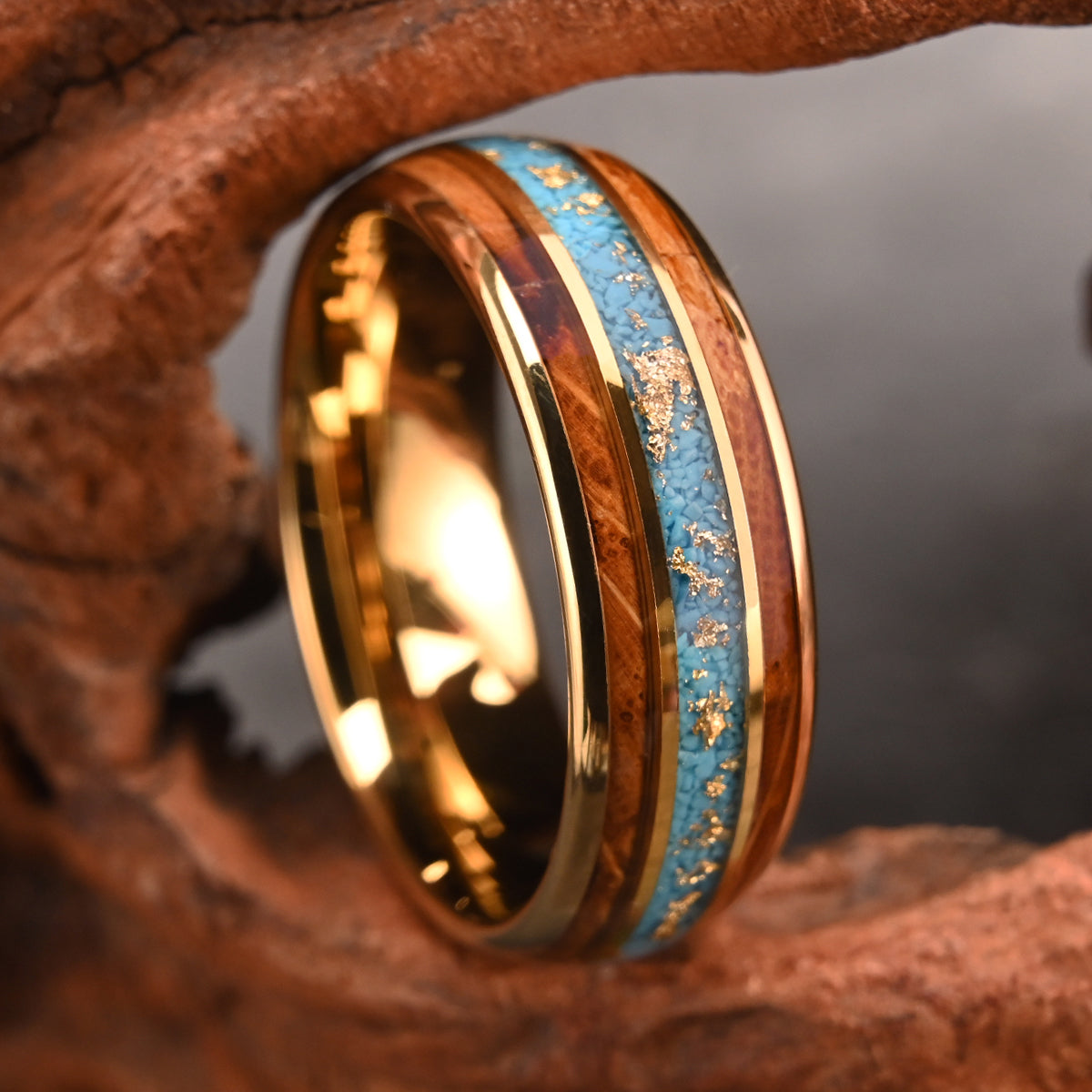 8MM Gold Color Tungsten Carbide Ring Inlaid With Gold Foil Turquoise, Men's Wedding Bands, Engagement & Wedding Ring Promise Ring-zoom-3