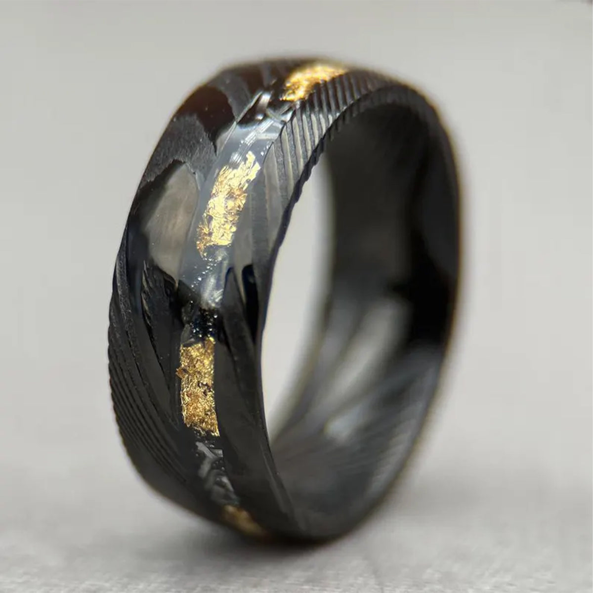 8mm black Damascus steel ring set with gold foil and meteorite men's wedding Bands engagement ring-6