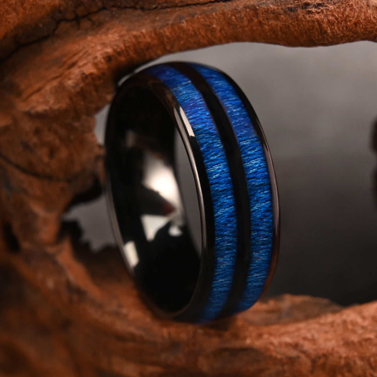 8MM Black Tungsten Carbide Ring, Men's Wedding Bands, Inlaid With Blue Maple Wood, Engagement & Wedding Ring, Promise Ring.-zoom-6