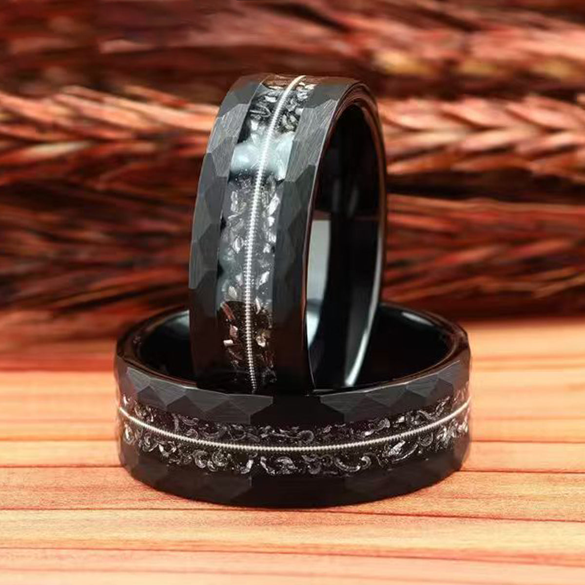 8mm Black Tungsten Carbide Ring Guitar String Ring Meteorite Ring Men's Wedding Bands Engagement Ring Wedding rings-zoom-2
