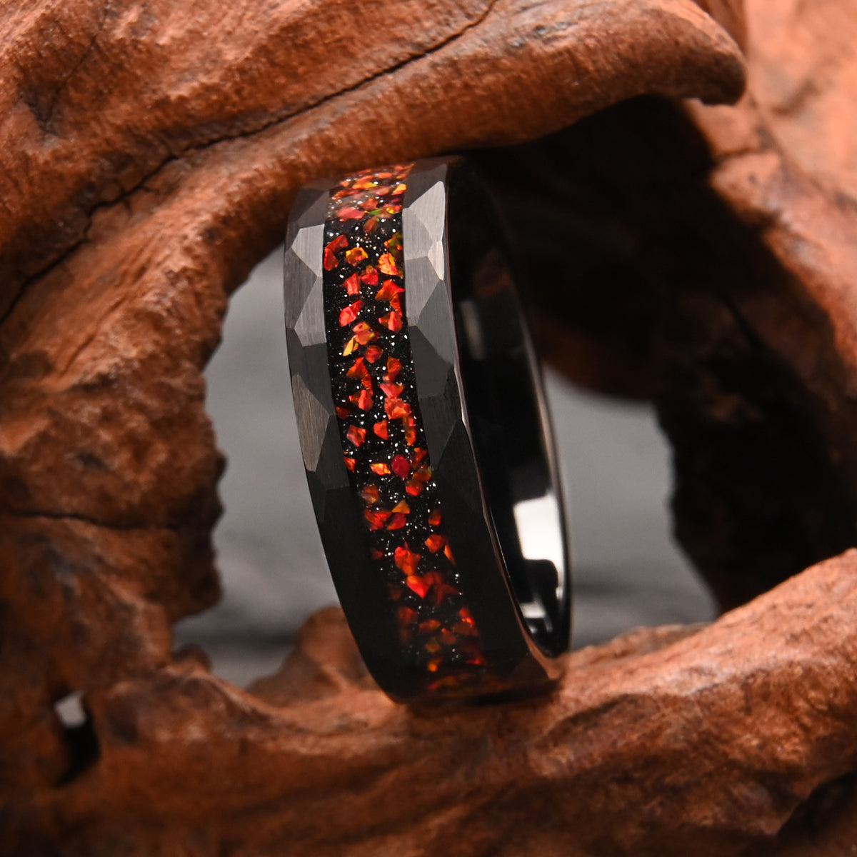 8MM Black Tungsten Carbide Ring, Men's Wedding Bands, Inlaid With Red Opal, Engagement & Wedding Ring, Promise Rings.-zoom-3