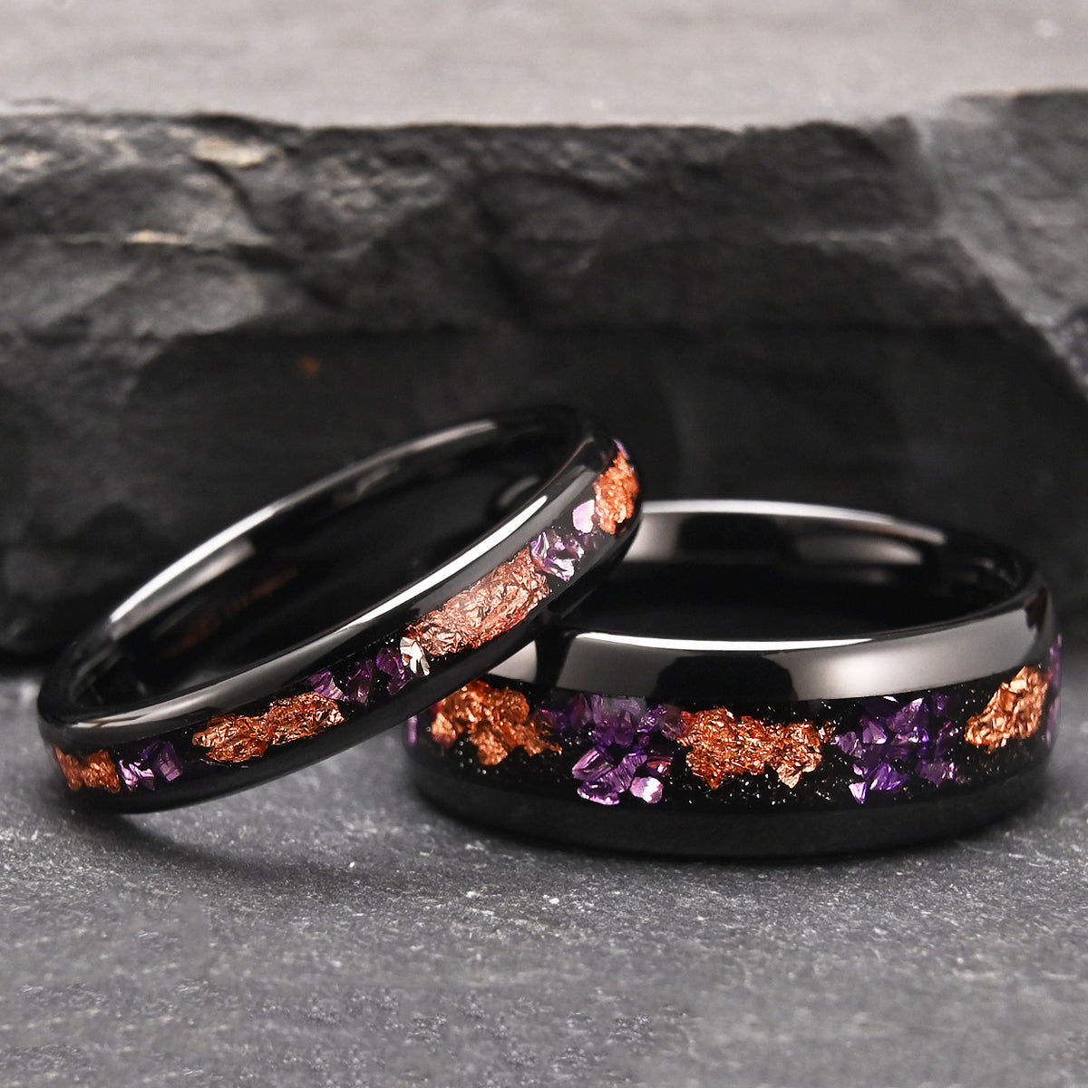 8MM/4MM Black Tungsten Carbide Ring inlaid with Amethyst and Rose Gold Foil Men's Wedding Band Engagement Ring Wedding Ring-zoom-3