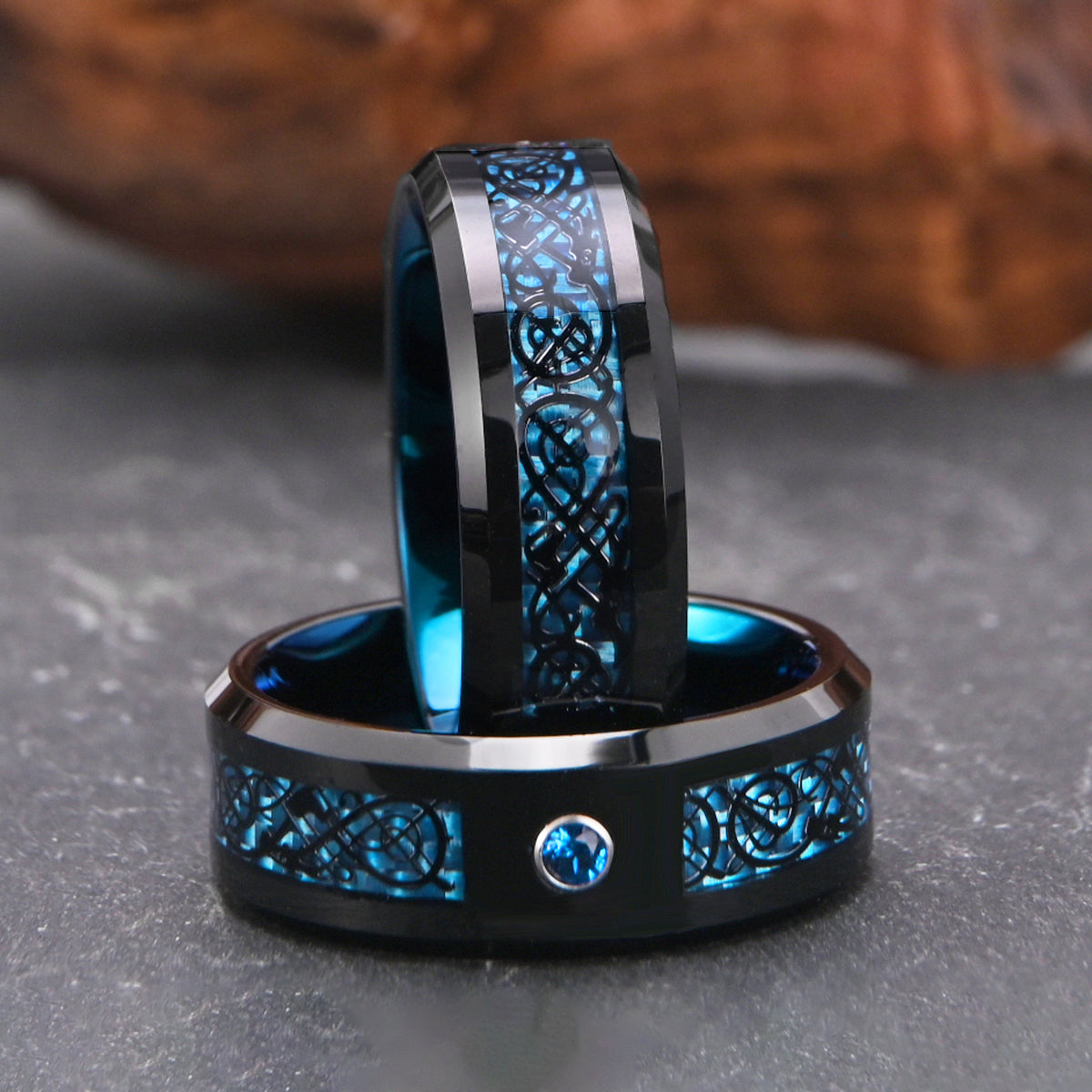 8mm Black Tungsten Carbide Ring, Men's Wedding Ring, Set With Blue Zircon, Engagement & Wedding Ring, Promise Ring-zoom-2