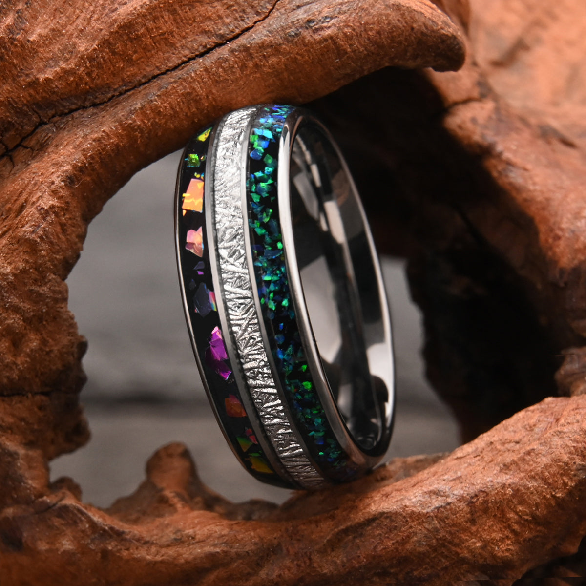 8mm Silver Color Tungsten Carbide Ring, Men's Wedding Bands, Inlaid with Colorful Opal, Men's Ring, Engagement & Wedding Rings, Promise Ring-zoom-4