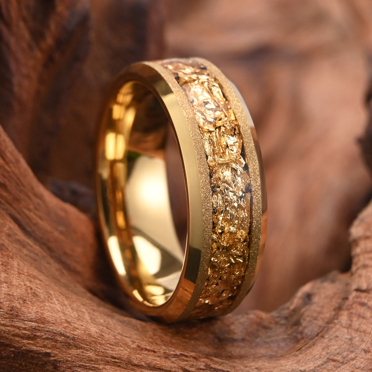 Gold Men's Wedding Band, Unique Tungsten Ring, Yellow Gold Ring with Gold Foil Inlay, Mens Ring, Mens Wedding Band, Wedding Ring, Mens Band-zoom-6