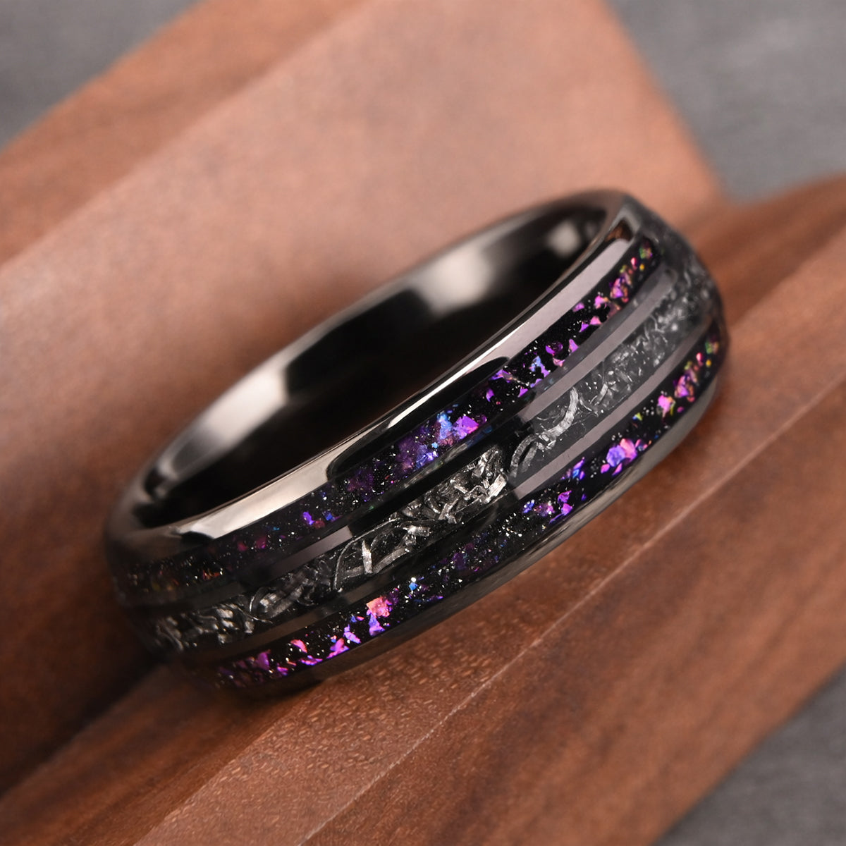 8MM Black Tungsten Carbide Ring Inlaid With Meteorite Amethyst Men's Wedding Bands, Engagement & Wedding Ring, Promise Rings-zoom-2