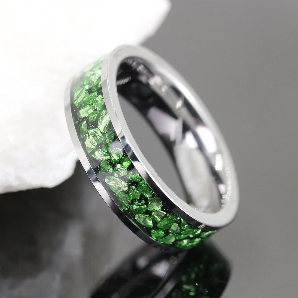 6Mm Silver Tungsten Carbide Ring Couples Ring Inlaid With Green Crystal Womens Fashion Jewelry Men's Wedding Bands Engagement Ring Wedding Ring-3