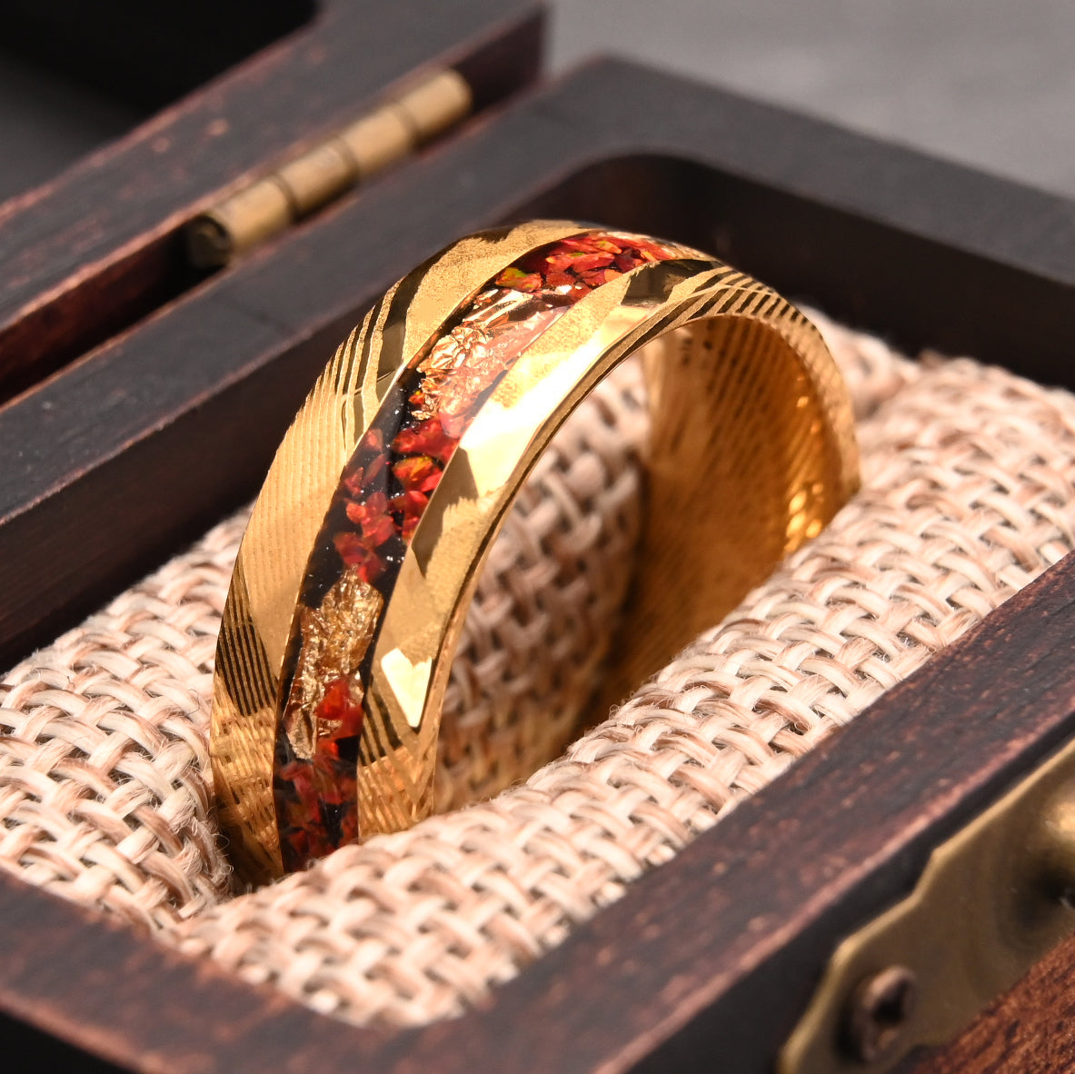Yellow Damascus Steel Mens Ring: Opal & Gold Flakes Wedding Bands-5
