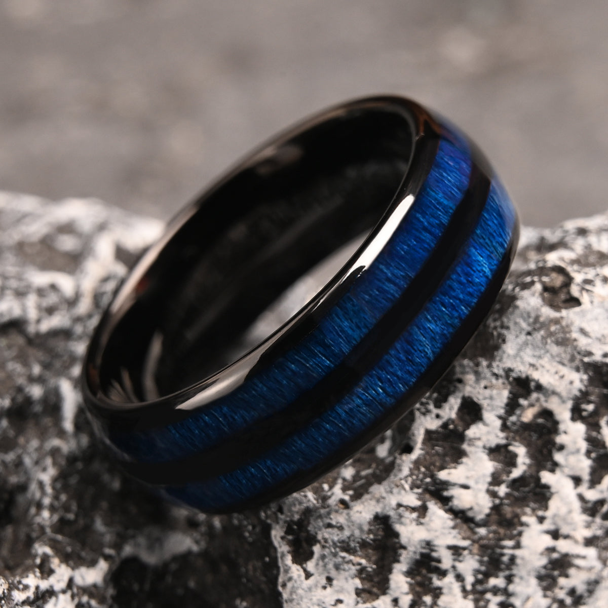 8MM Black Tungsten Carbide Ring, Men's Wedding Bands, Inlaid With Blue Maple Wood, Engagement & Wedding Ring, Promise Ring.-zoom-2