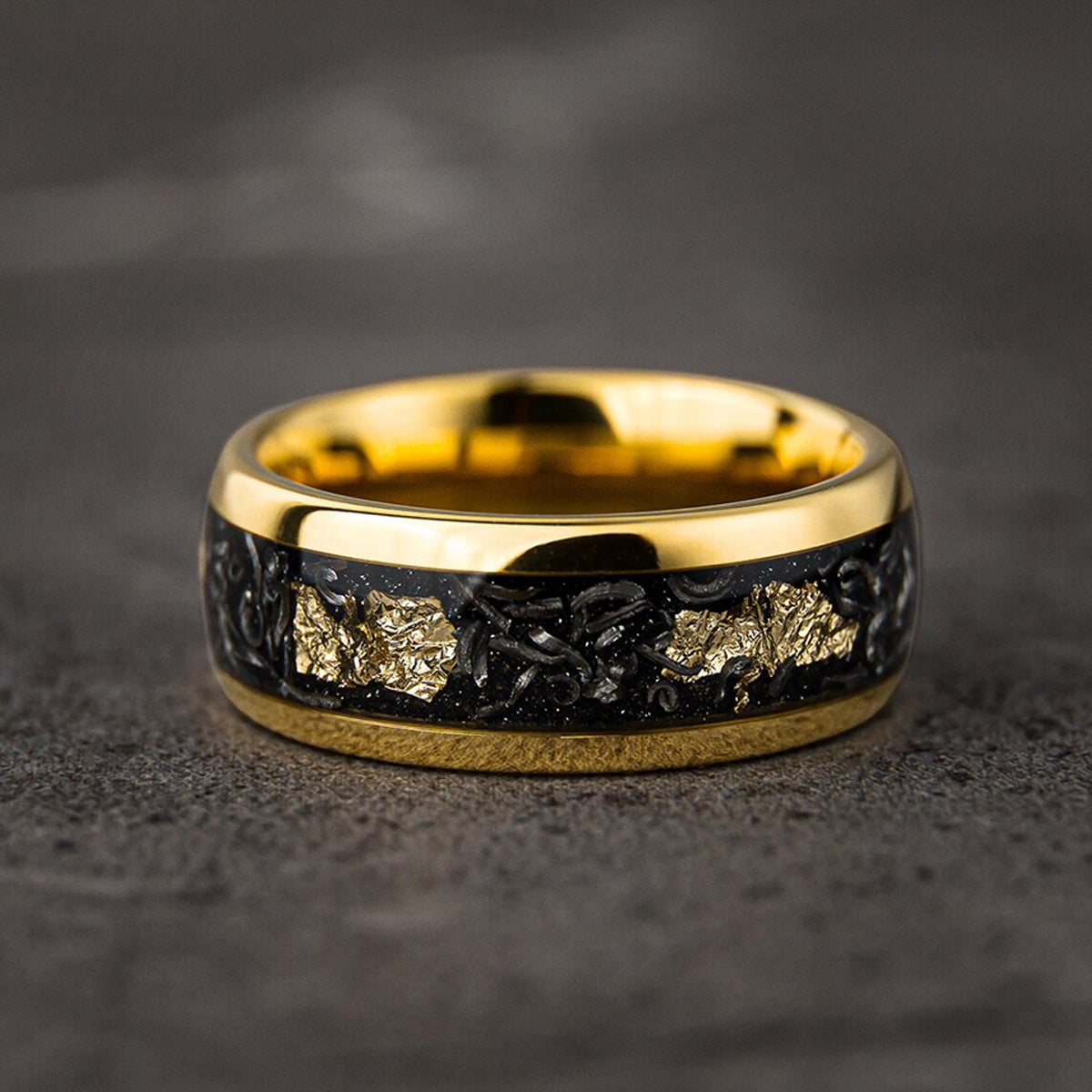 Meteorite Gold Leaf Flakes Wedding Band, Crushed Meteorite & Gold Ring, Mens Wedding Band, Tungsten Ring, Mens Ring, Promise Ring-zoom-4