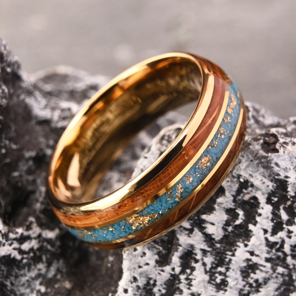 8MM Gold Color Tungsten Carbide Ring Inlaid With Gold Foil Turquoise, Men's Wedding Bands, Engagement & Wedding Ring Promise Ring-4