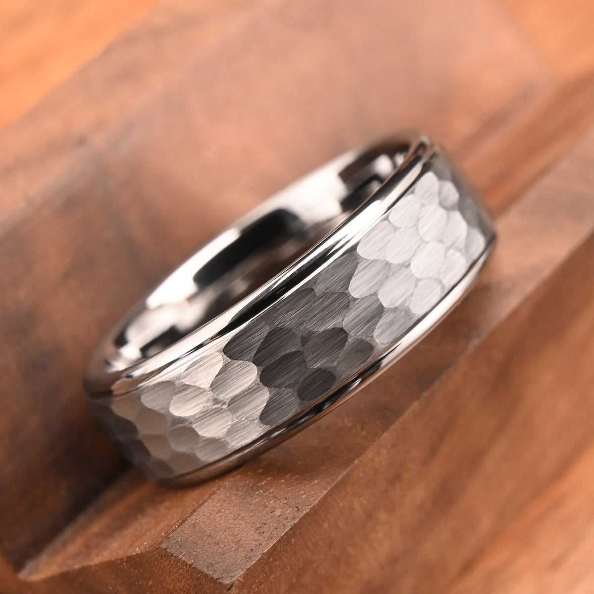 8mm Silver Color Tungsten Carbide Ring, Men's Wedding Bands, Hand-Hammered, Engagement & Wedding Ring, Promise Ring, Hammered Ring-zoom-4