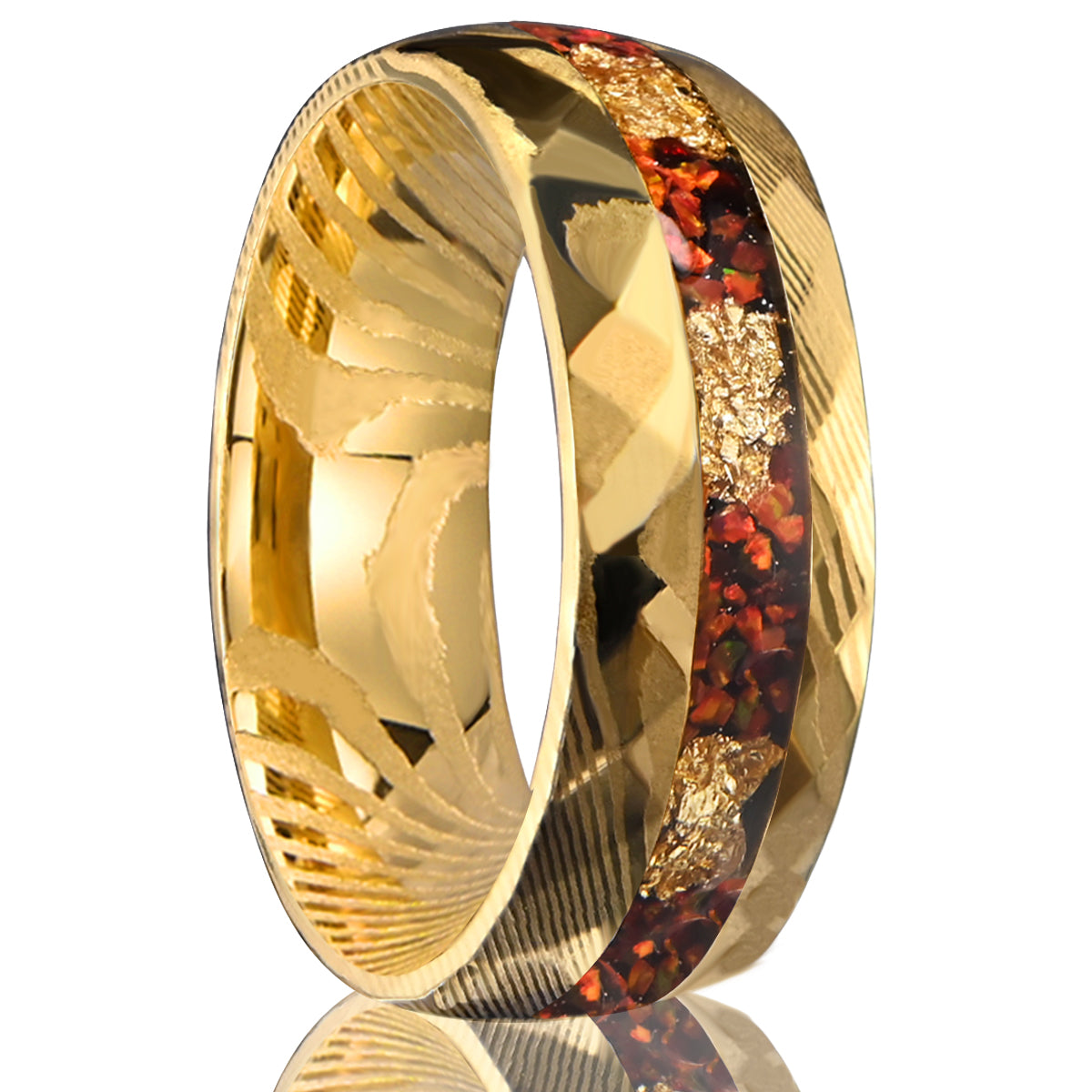 Yellow Damascus Steel Mens Ring: Opal & Gold Flakes Wedding Bands