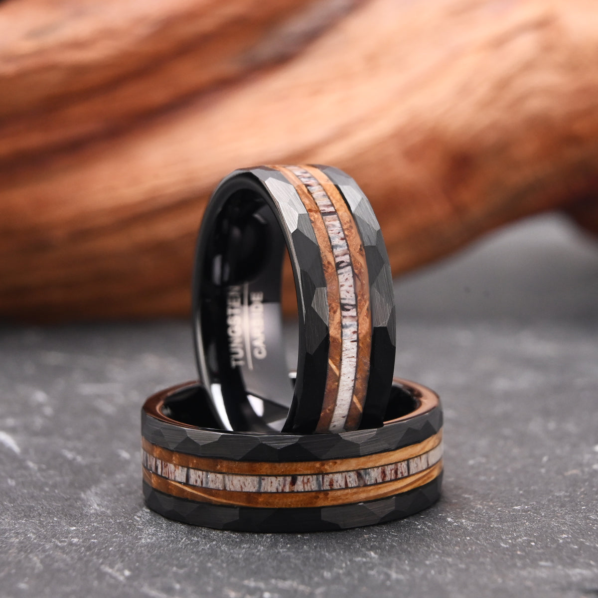 8MM Black Tungsten Carbide Ring Set With Deer Antler Men's Wedding Ring Fashion Jewelry Engagement Ring Wedding Ring-zoom-3