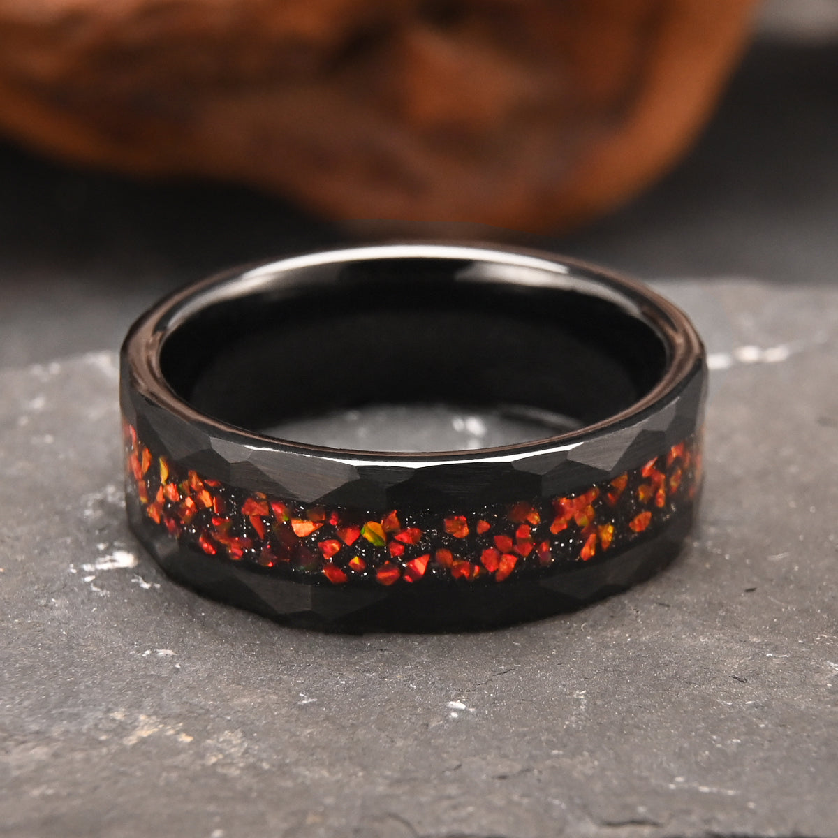 8MM Black Tungsten Carbide Ring, Men's Wedding Bands, Inlaid With Red Opal, Engagement & Wedding Ring, Promise Rings.-4
