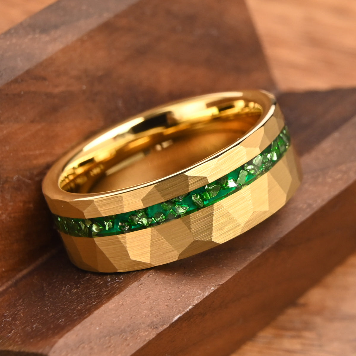 8mm Gold Color Tungsten Carbide Ring, Men's Wedding Bands, Set With Green Crystal, Engagement & Wedding Ring, Promise Rings, Crystal Ring-zoom-2