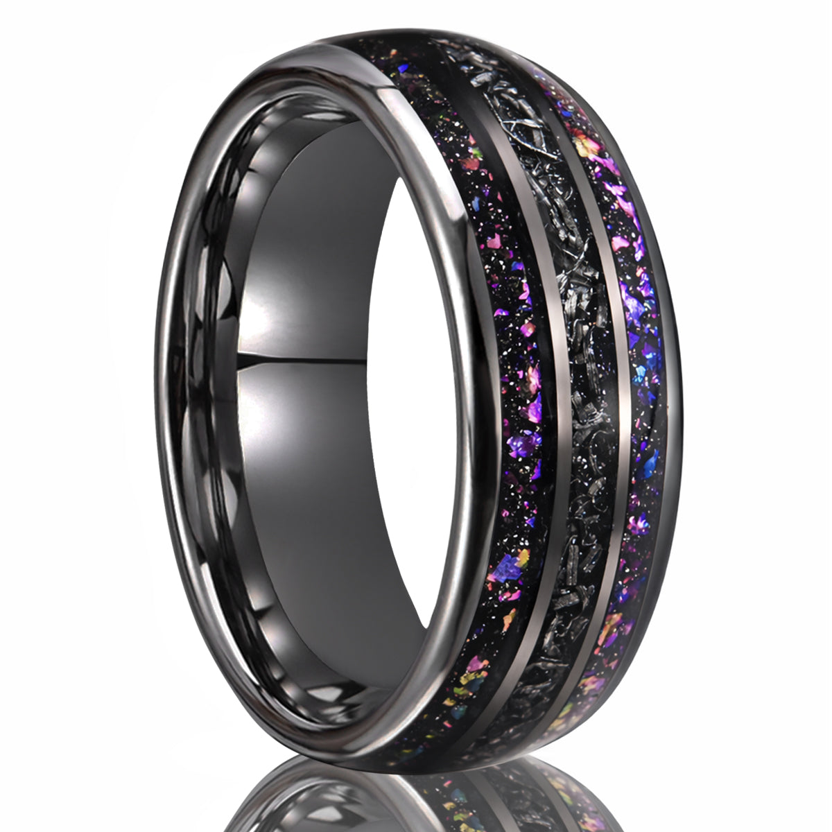 8MM Black Tungsten Carbide Ring Inlaid With Meteorite Amethyst Men's Wedding Bands, Engagement & Wedding Ring, Promise Rings-zoom-1