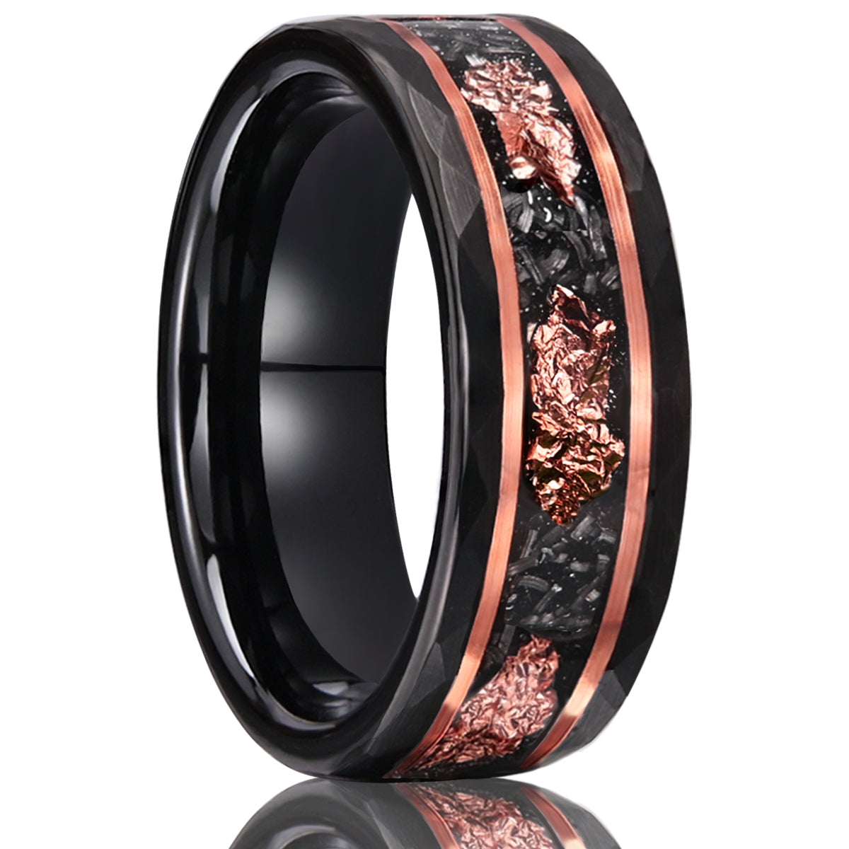 8MM Black Tungsten Carbide Ring Men's Wedding Bands Inlaid With Meteorite  Rose Gold Foil Men's Ring Engagement & Wedding Rings-1