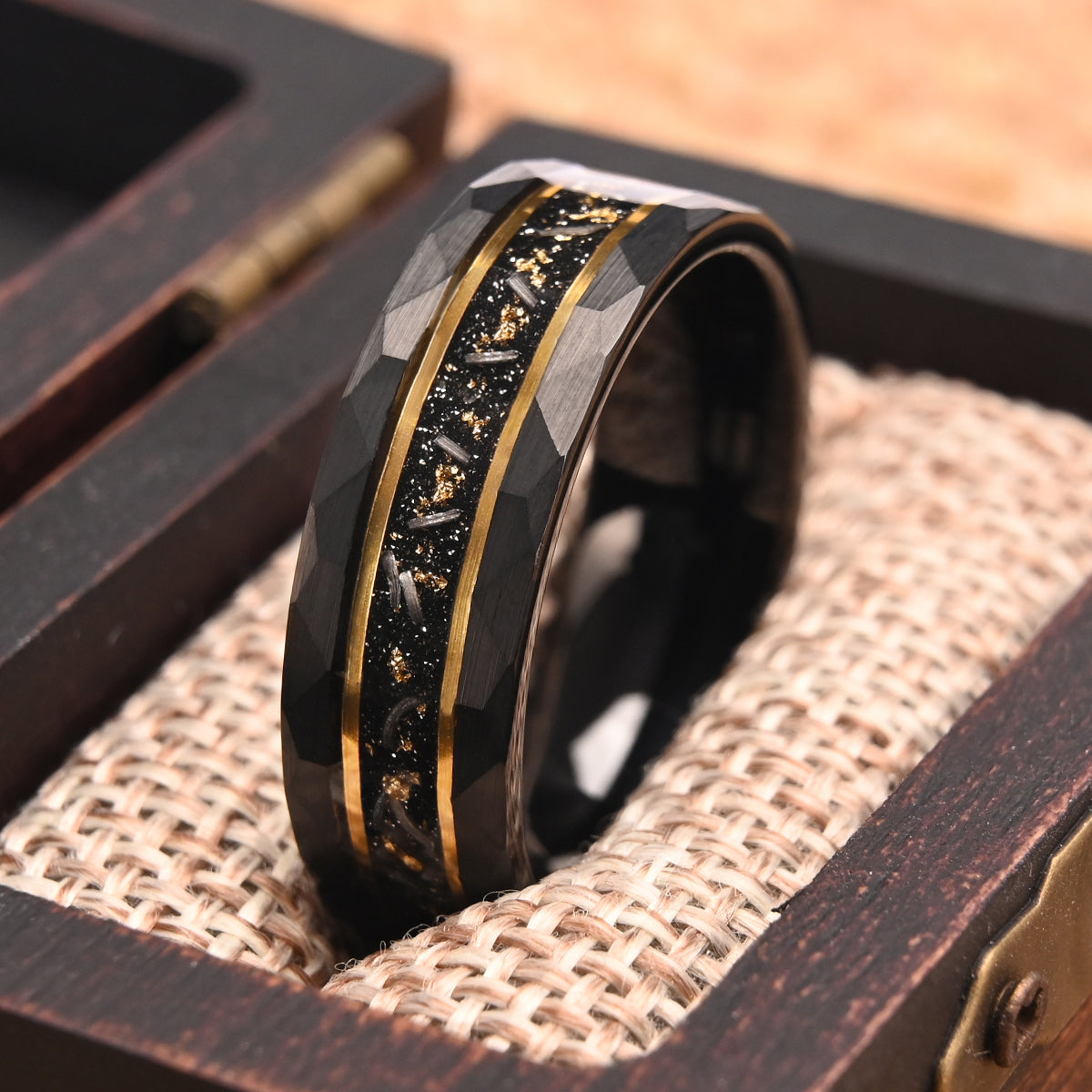 8mm Black Tungsten Carbide Ring, Men's Wedding Bands, Inlaid With Gold Foil, Engagement & Wedding Ring, Promise, Rings-3