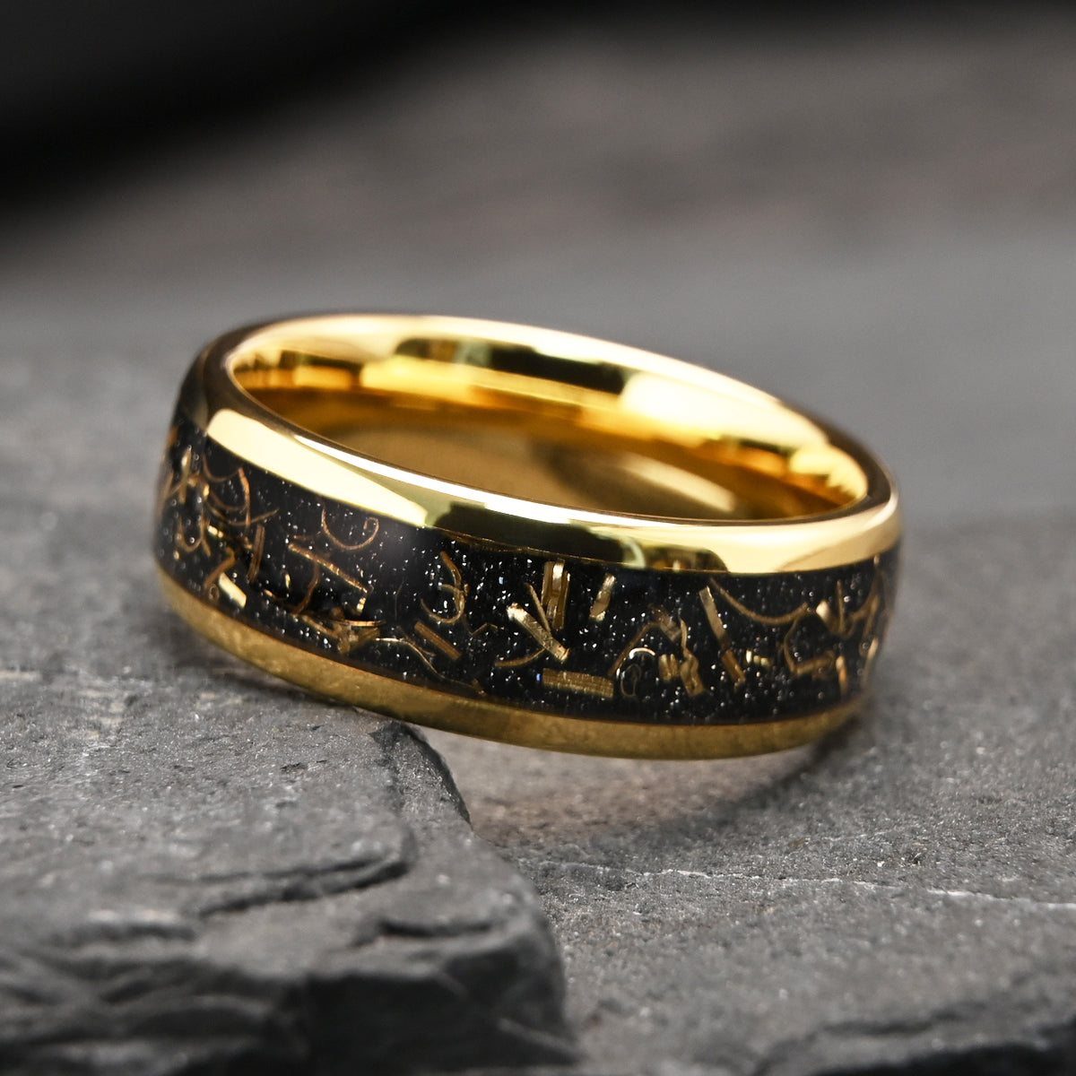 Golden tungsten carbide ring, men's wedding rings, wedding bands, set with gold wire, plated with 18K gold.-3