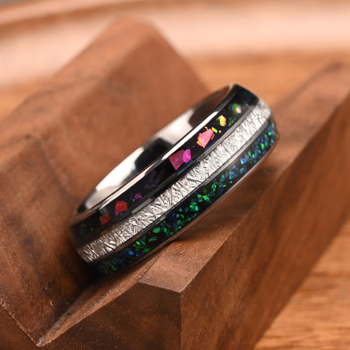 8mm Silver Color Tungsten Carbide Ring, Men's Wedding Bands, Inlaid with Colorful Opal, Men's Ring, Engagement & Wedding Rings, Promise Ring-zoom-2