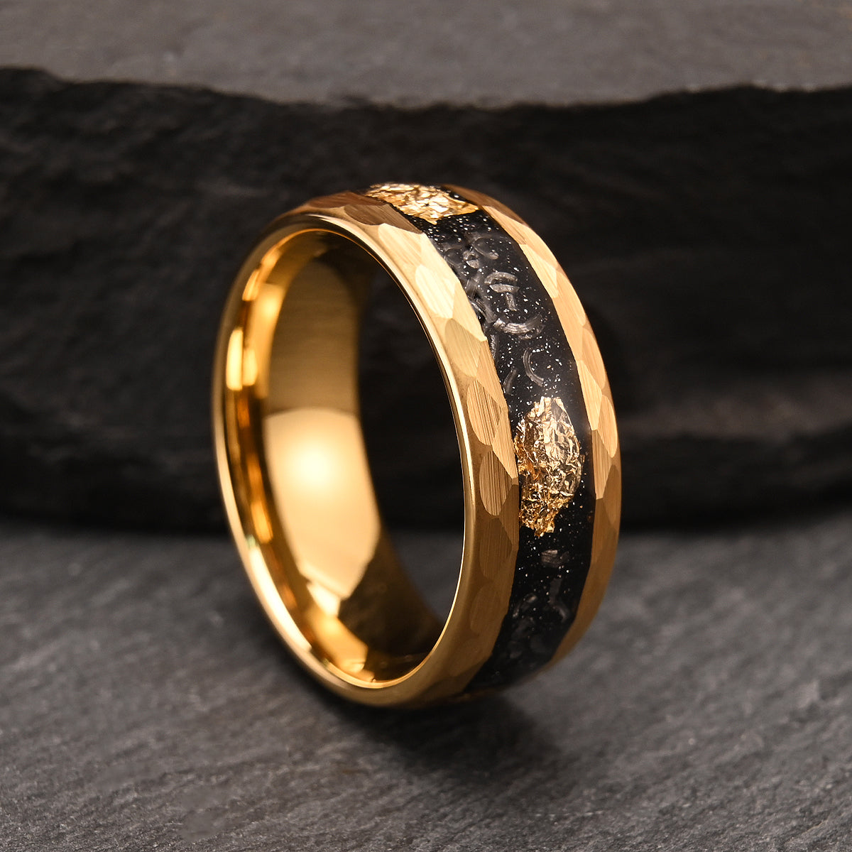 8MM Gold Color Tungsten Carbide Rin Men's Wedding Bands, Inlaid with Gold Leaf Meteorite, Engagement & Wedding Rings, Meteorite Ring, Promise Ring-zoom-5