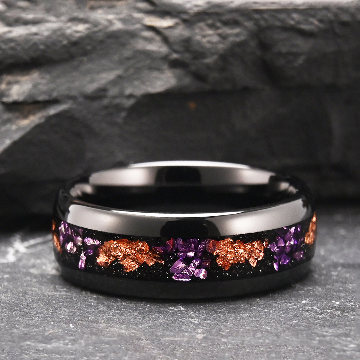 8MM/4MM Black Tungsten Carbide Ring inlaid with Amethyst and Rose Gold Foil Men's Wedding Band Engagement Ring Wedding Ring-zoom-4