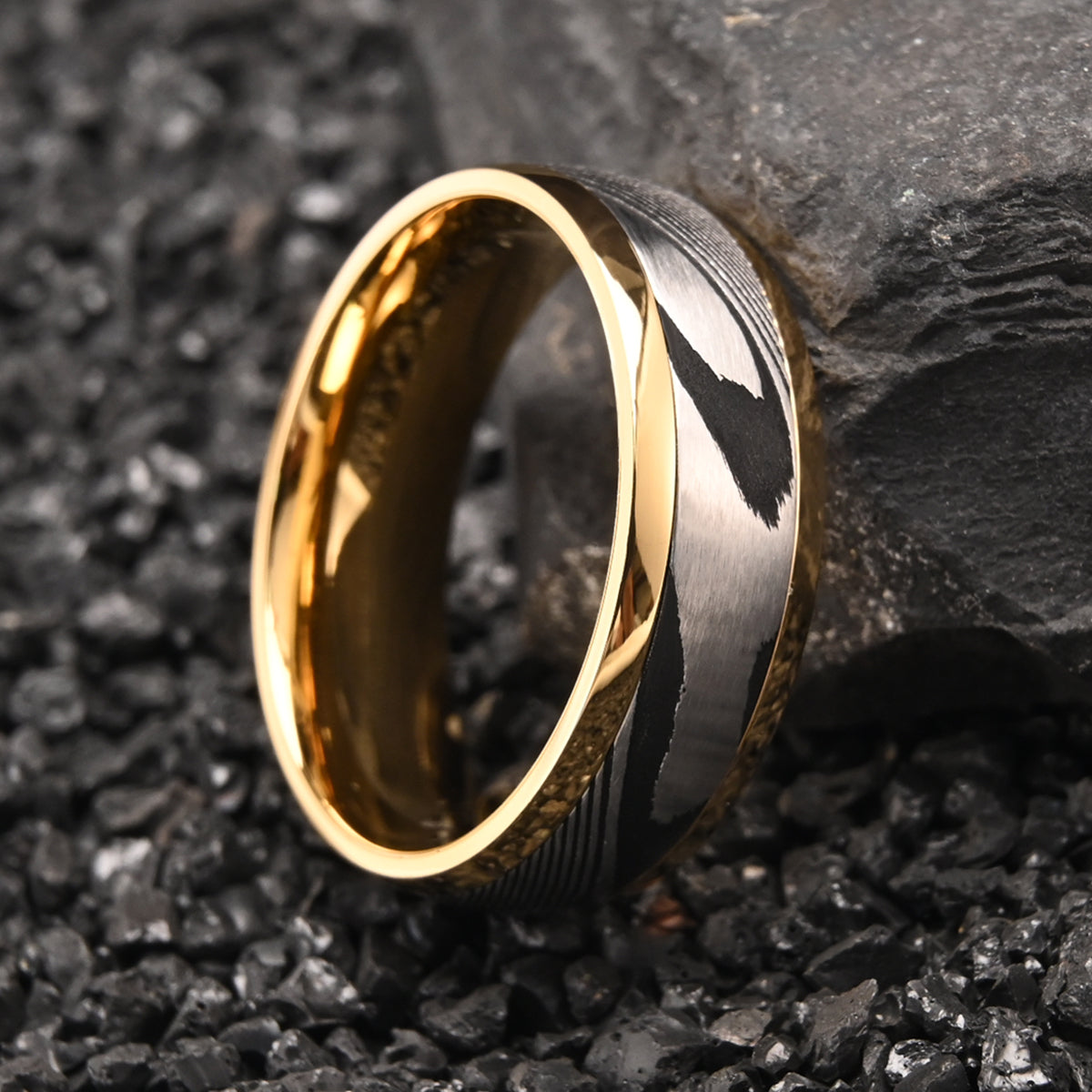 Bague en acier damassé doré de 8 mm pour homme - Alliance - Bijou tendance - Bague de fiançailles-zoom-5