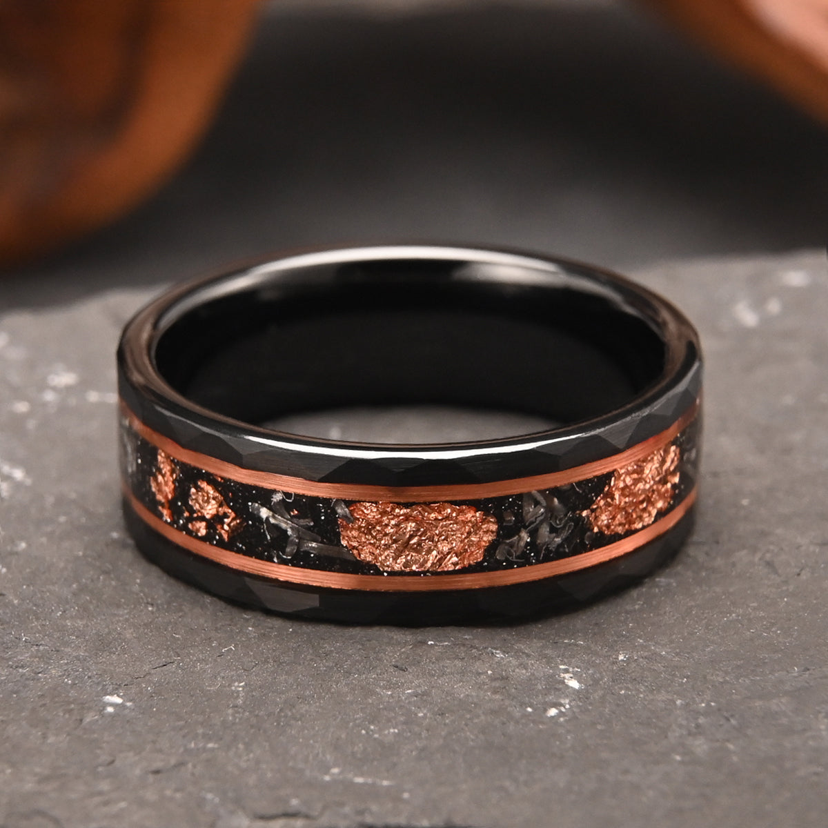 8MM Black Tungsten Carbide Ring Men's Wedding Bands Inlaid With Meteorite  Rose Gold Foil Men's Ring Engagement & Wedding Rings-4