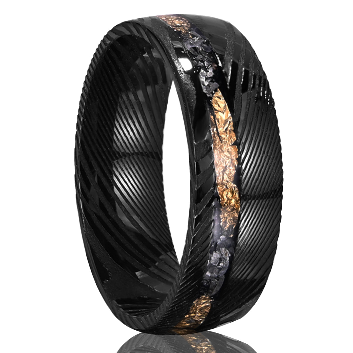 8mm black Damascus steel ring set with gold foil and meteorite men's wedding Bands engagement ring-zoom-1