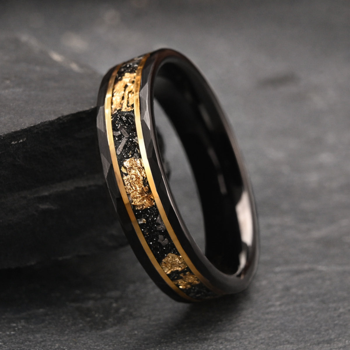 8MM/6MM Black Tungsten Carbide Ring Men's Wedding Bands Inlaid with Gold Leaf Meteorite Engagement & Wedding Rings Meteorite Ring-4