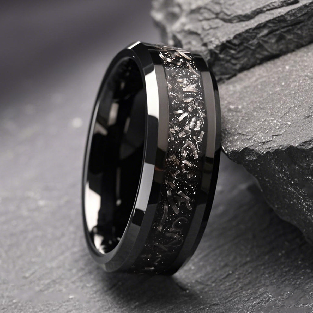 8mm Black Tungsten Carbide Ring, Men's Wedding Bands, Meteorite Ring, Wedding Ring, Engagement Ring-zoom-6