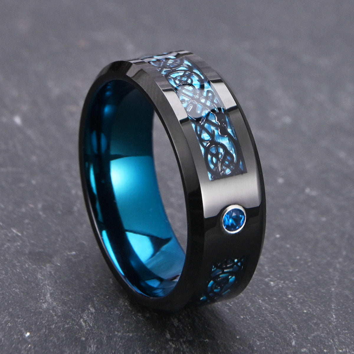 8mm Black Tungsten Carbide Ring, Men's Wedding Ring, Set With Blue Zircon, Engagement & Wedding Ring, Promise Ring-4