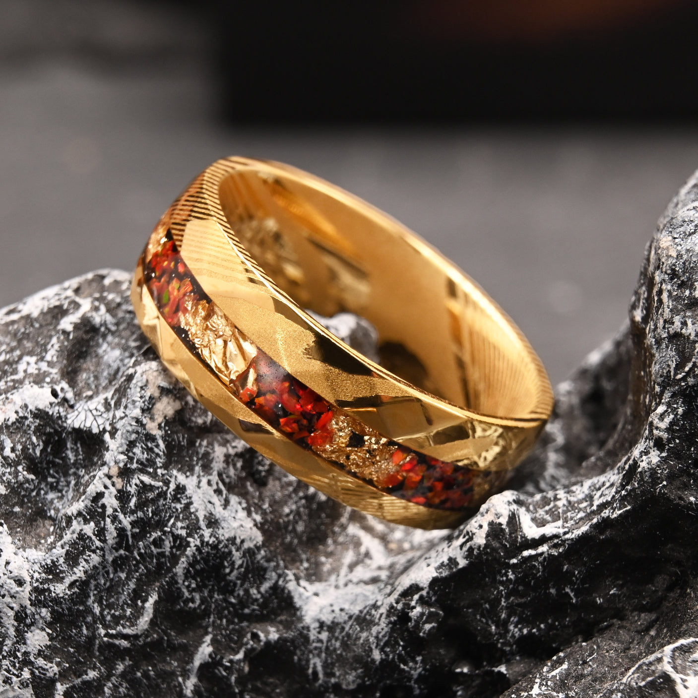 Yellow Damascus Steel Mens Ring: Opal & Gold Flakes Wedding Bands-6