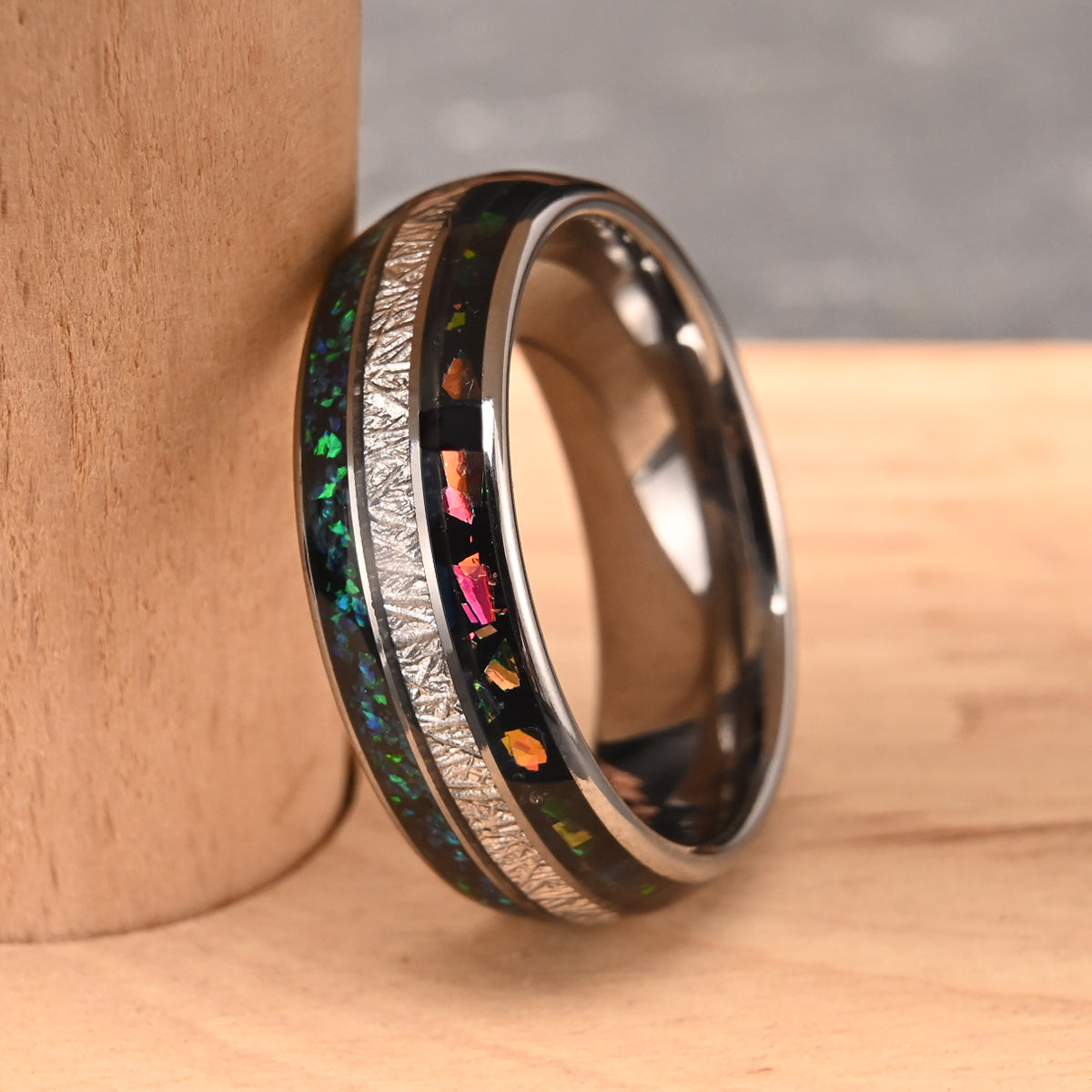 8mm Silver Color Tungsten Carbide Ring, Men's Wedding Bands, Inlaid with Colorful Opal, Men's Ring, Engagement & Wedding Rings, Promise Ring-zoom-3