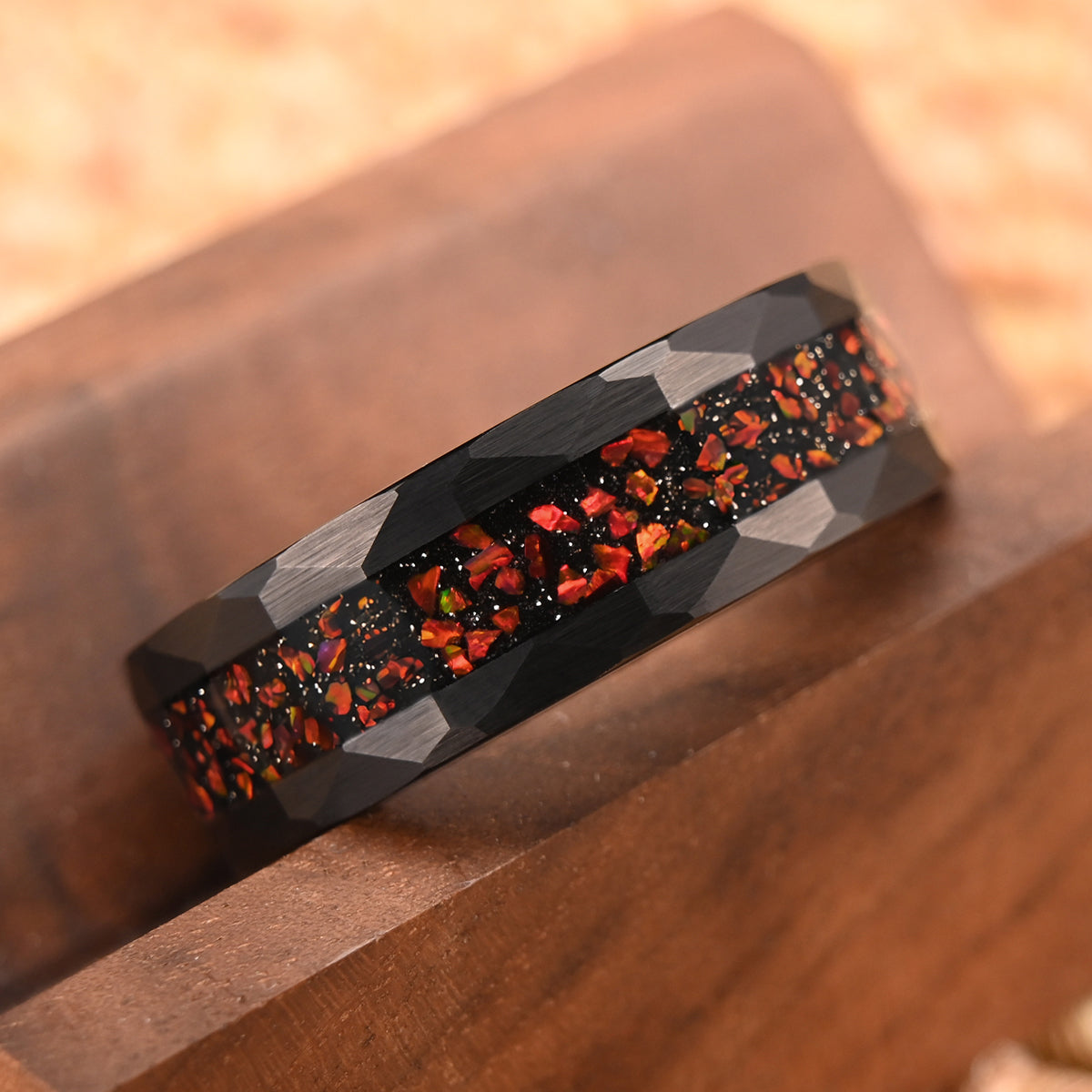 8MM Black Tungsten Carbide Ring, Men's Wedding Bands, Inlaid With Red Opal, Engagement & Wedding Ring, Promise Rings.