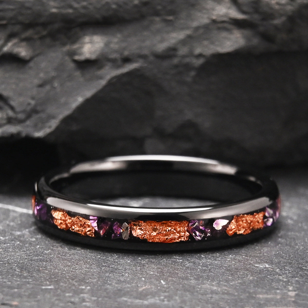 8MM/4MM Black Tungsten Carbide Ring inlaid with Amethyst and Rose Gold Foil Men's Wedding Band Engagement Ring Wedding Ring-zoom-5